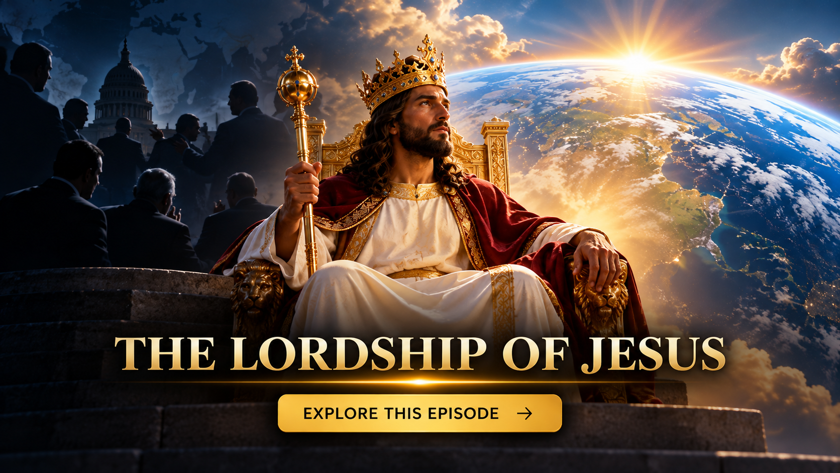 Jesus enthroned in radiant white and gold, surrounded by strong angels, symbolizing His unchallenged kingship